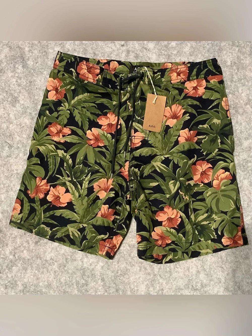 A.P.C. Men's Black Swim Shorts with Green Leaves & Coral Flowers NWT